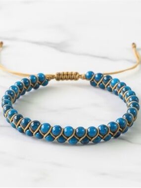 Beaded Macramé Bracelet in Lake Blue and Gold 4mm Tiger’s Eye